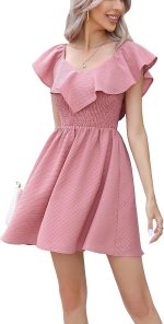 EXLURA Women's Summer Ruffle Casual Dress V Neck Lace A Line Backless Mini Dresses Flowy Wedding Guest Party Sundresses